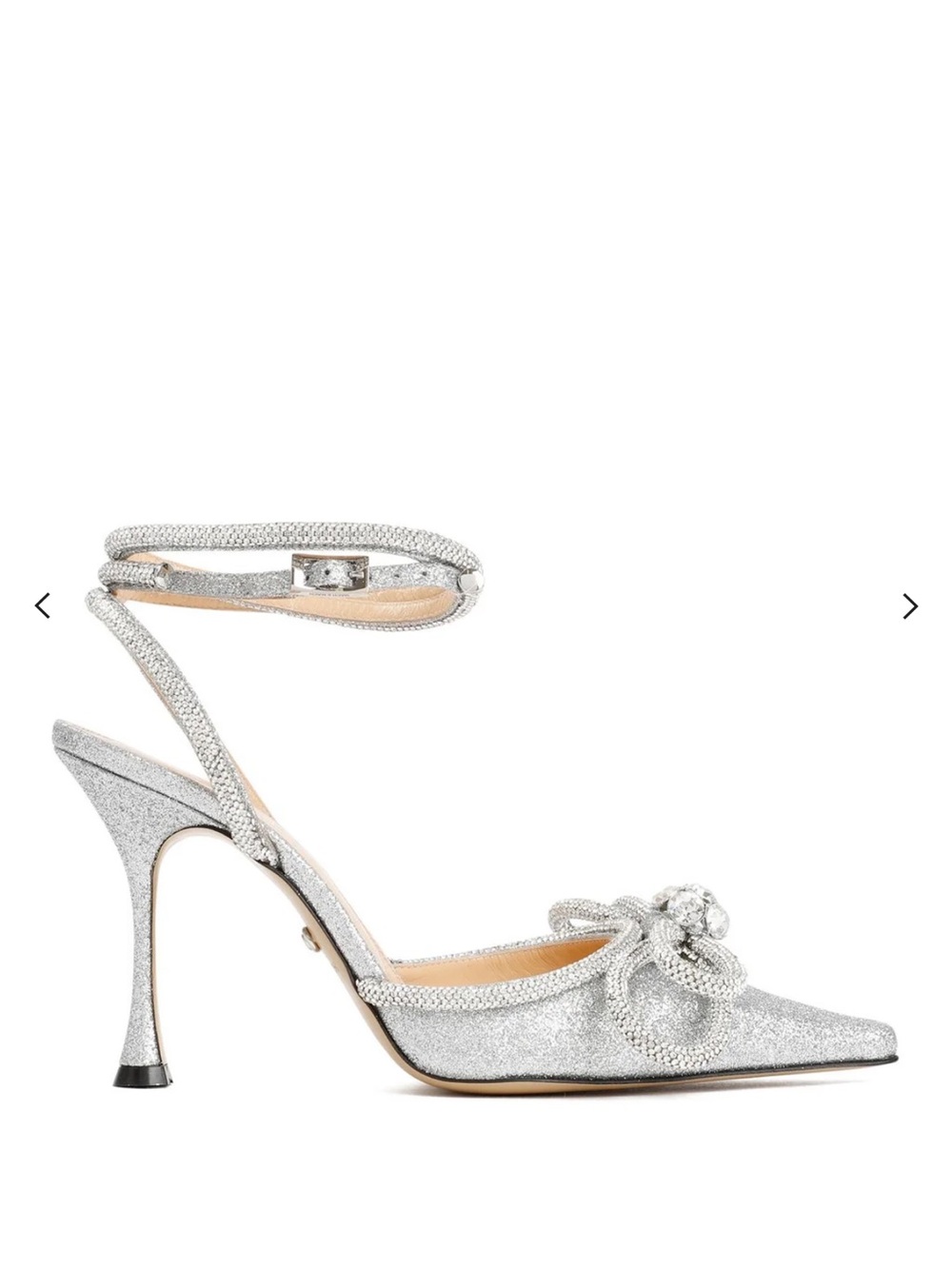 MACH & MACH Silver Glitter Ankle-Strap Pointed Pump with Knotted Crystal Detail